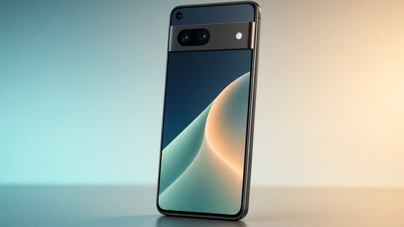 Pixel referral: smartphone Pixel com barra de câmera em studio sobre fundo teal e creme