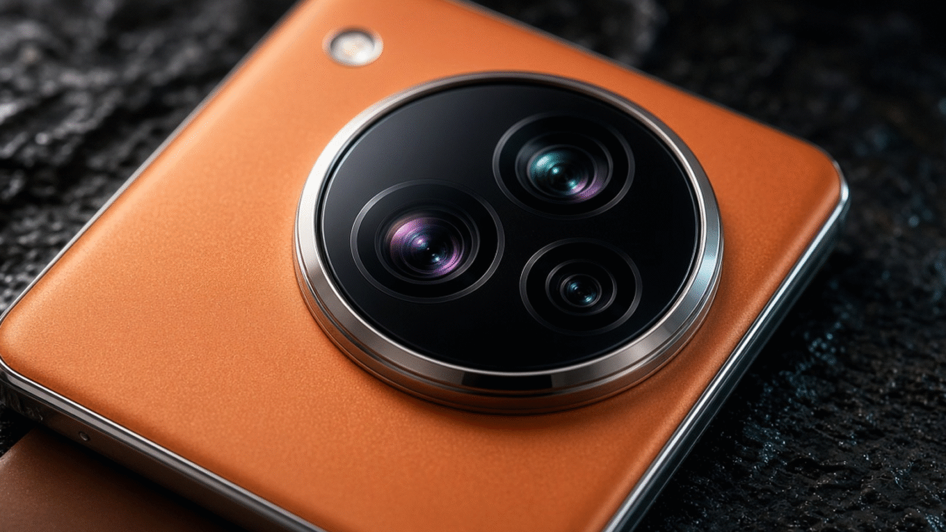 Módulo circular de câmeras do vivo X500 Pro Max em close, com três lentes e traseira laranja