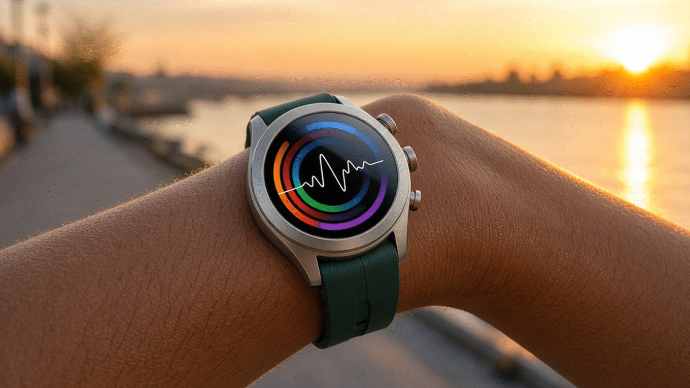 vivo Watch 6 de titânio no pulso em repouso, no fim de tarde, com caixa redonda e três botões laterais
