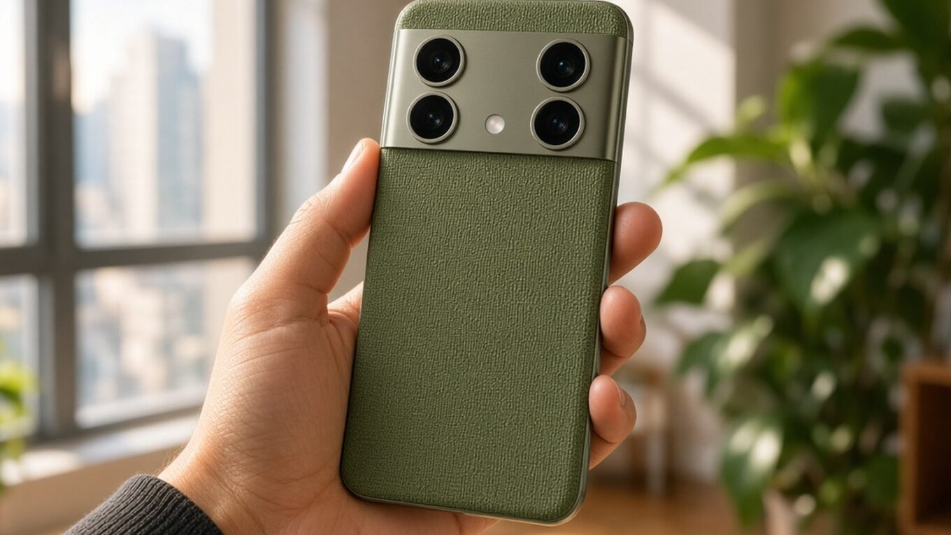 Signature 27 verde-oliva com faixa de câmeras no topo e quatro lentes, segurado na mão perto de uma janela