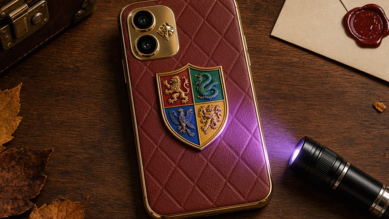 Traseira do Realme 16 Pro Harry Potter Edition em couro marrom com brasão de Hogwarts iluminado por luz UV
