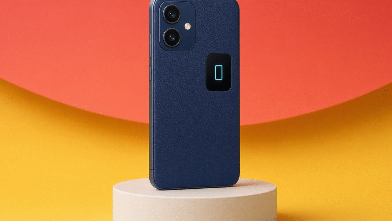 Lava Virat Curve na cor Heritage Indigo, com traseira em couro vegano e mini display ao lado da câmera, em fundo de blocos de cor