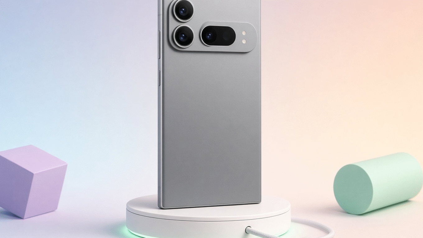 Galaxy S27 Ultra em render baseado no vazamento, com ilha de câmera horizontal, sobre base de carregamento em estúdio pastel