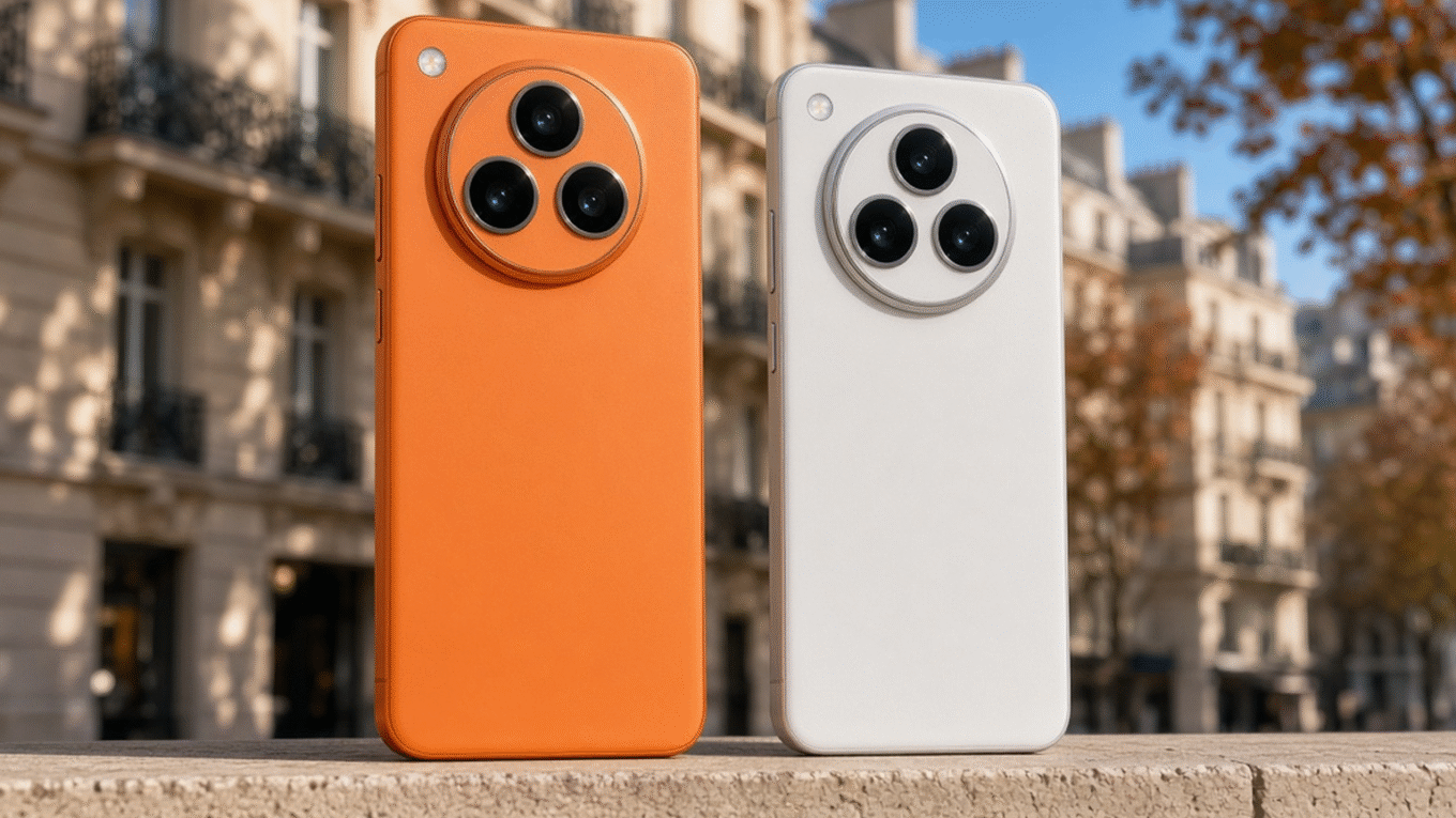Celulares da série X500 da vivo, X500 Pro Max laranja e X500 Pro branco, em rua europeia à luz do dia