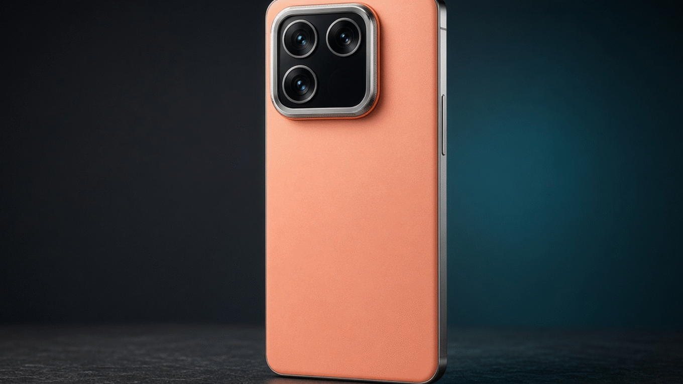Oppo Find X10 Pro Max laranja visto de trás, com a ilha quadrada de três câmeras de 200 MP, em estúdio escuro