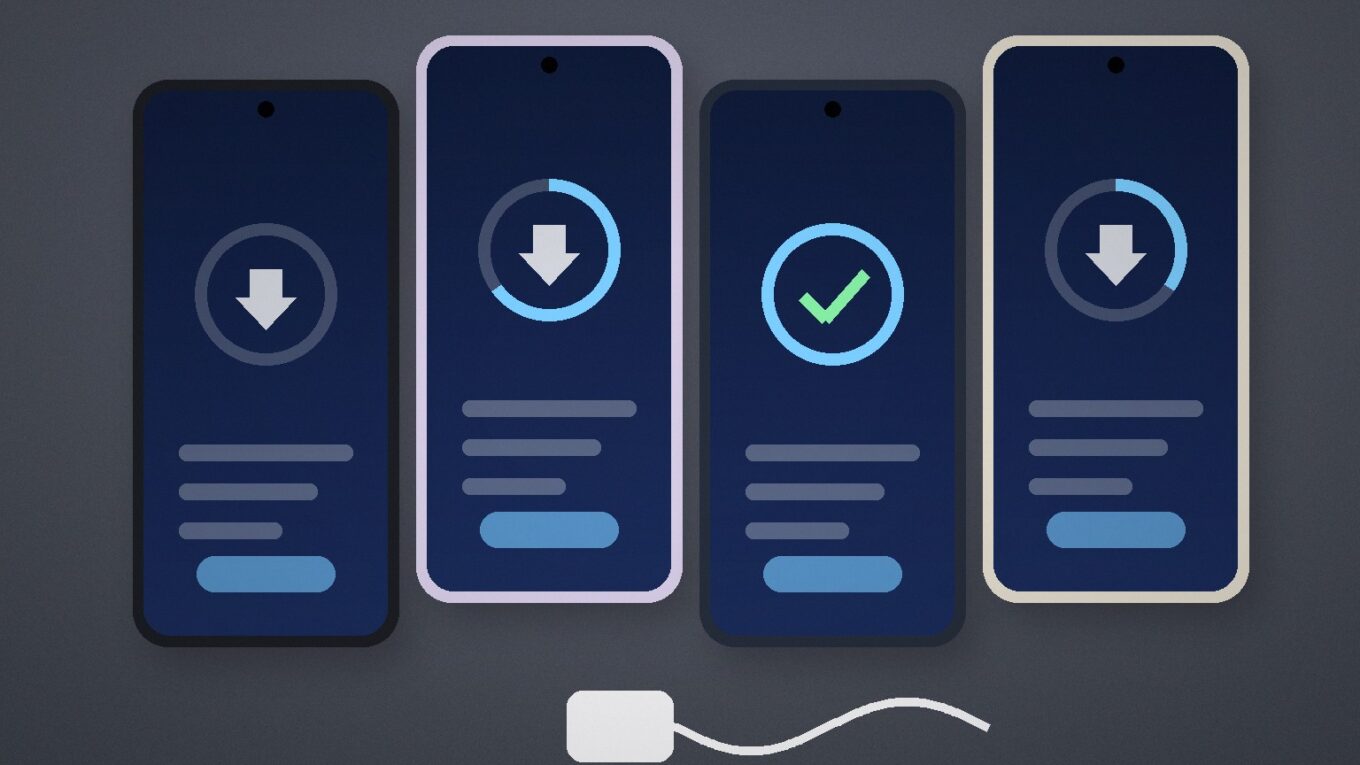One UI 9 no Galaxy S24: quatro celulares genéricos lado a lado com telas de download e atualização concluída, sem logo