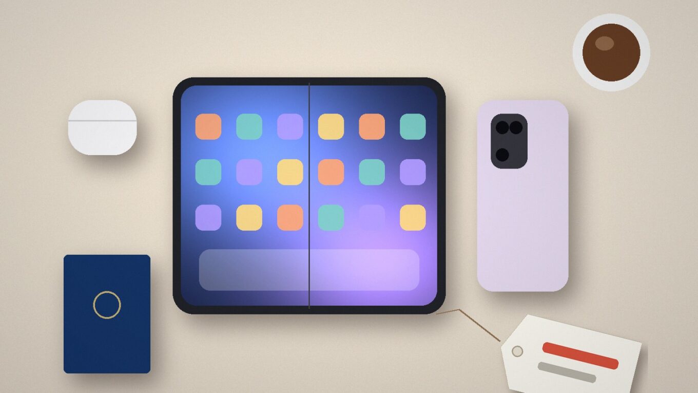 Z Fold 8: flat lay com dobrável genérico aberto, celular fechado, estojo de fones e etiqueta de preço em branco sobre mesa clara, sem logo