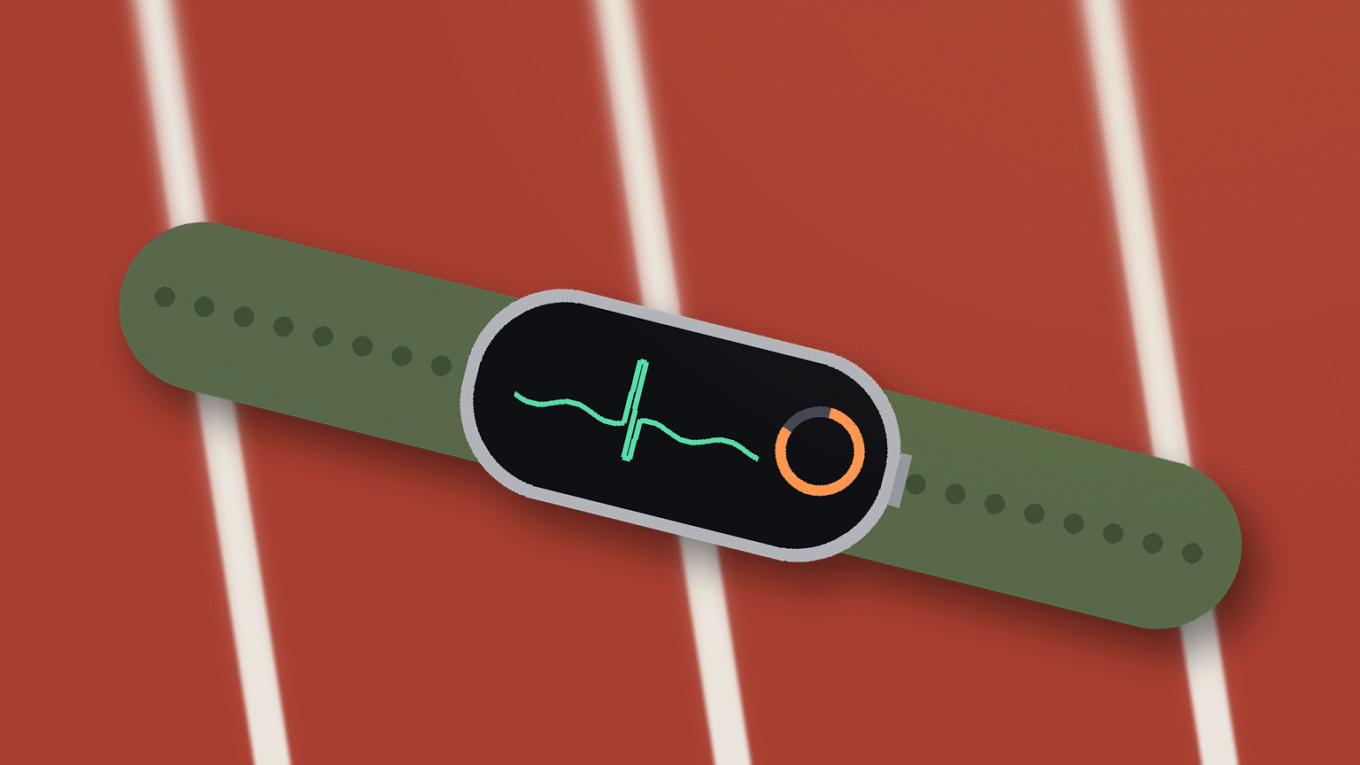 Google Fitbit Edge: rastreador de pulso genérico com pulseira verde sobre pista de corrida vermelha, tela com gráfico de batimentos