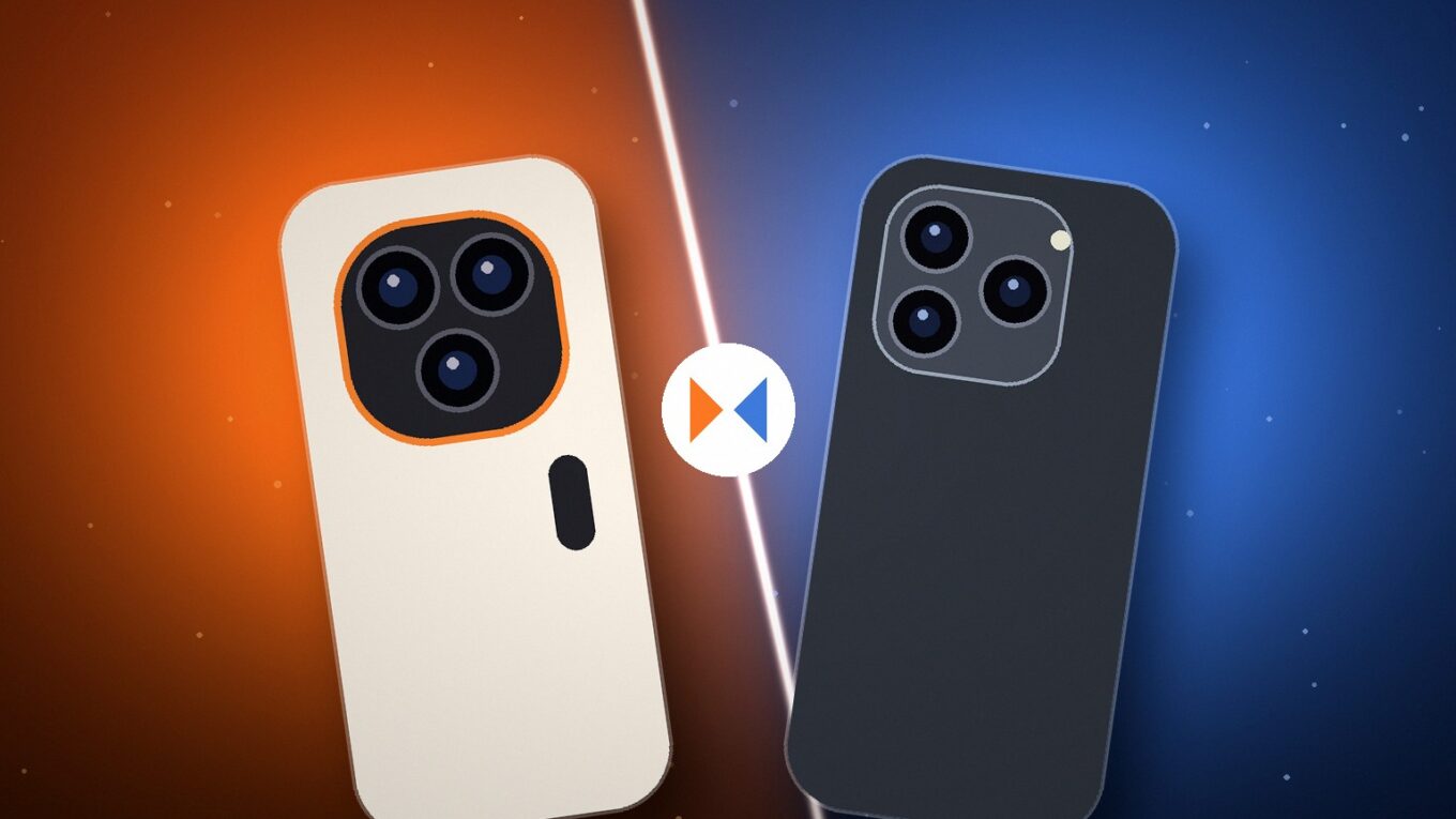 Find X10 Pro Max × iPhone 18 Pro Max: dois celulares genéricos sem logo, de costas, em fundo dividido laranja e azul