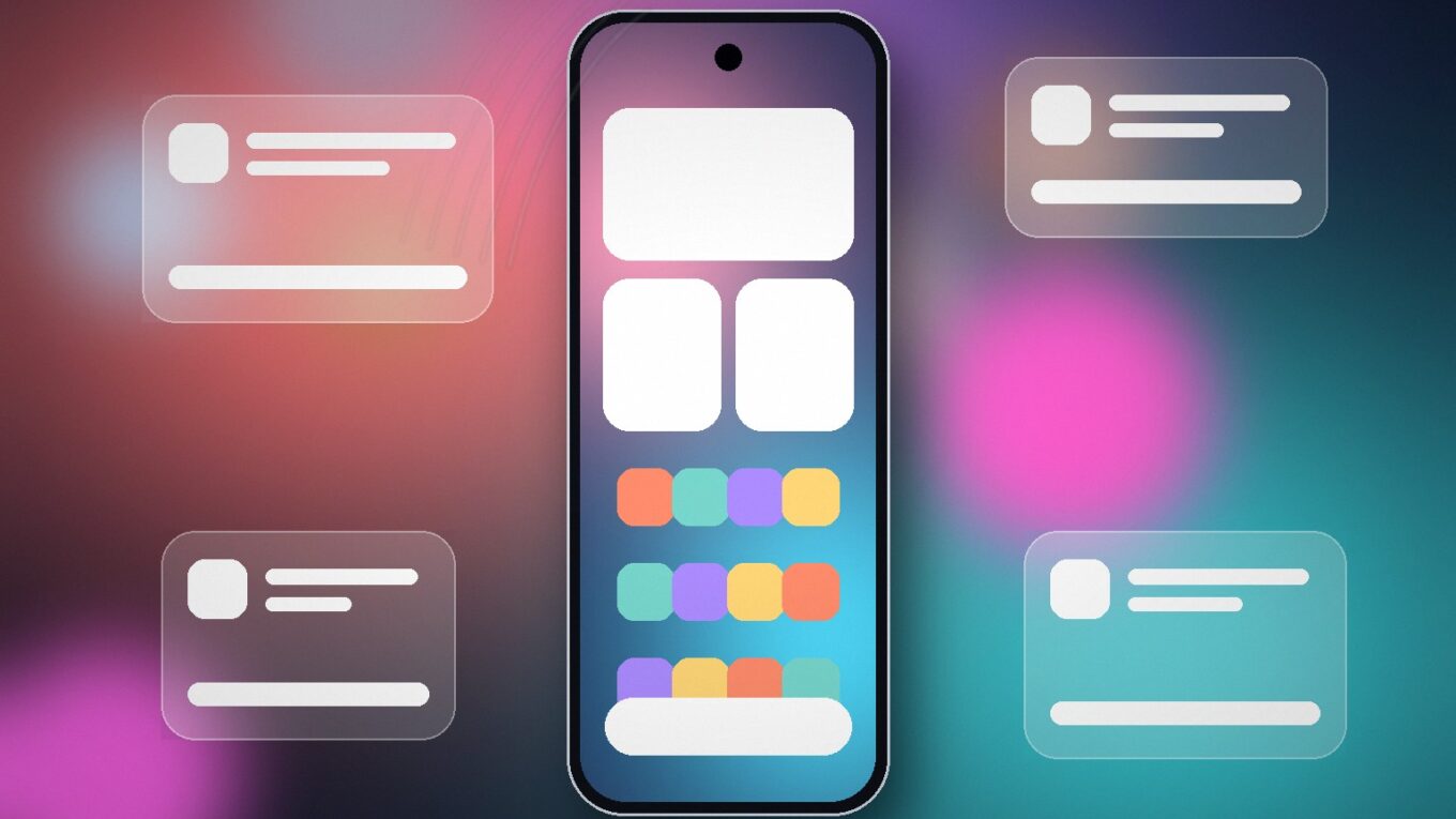 ColorOS 17: celular genérico com interface de painéis translúcidos e cartões flutuantes em fundo coral e verde-água, sem logo