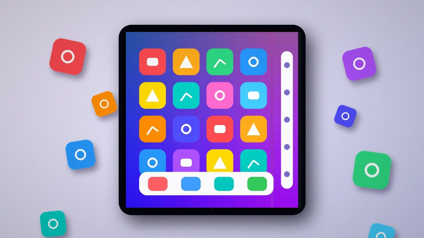 iPhone Duo: flat lay ilustrado de dobrável aberto com grade de ícones de apps genéricos, sem texto