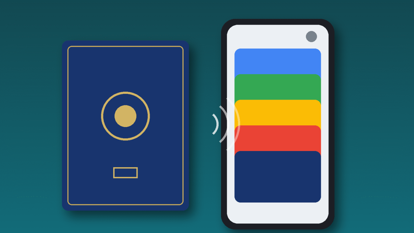 Passaporte no Google Wallet: capa de passaporte genérica sem texto ao lado de celular com cartões coloridos e ondas de aproximação