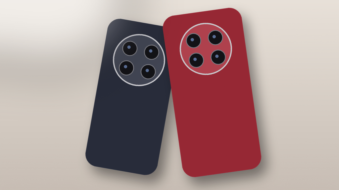 Xiaomi 18 Pro Max: dois celulares genéricos de costas, azul-escuro e vermelho, com módulo circular de câmeras em fundo bege