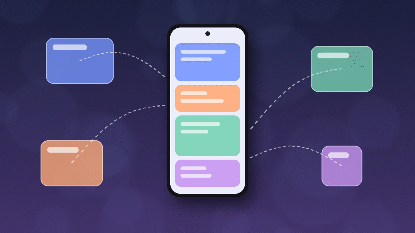 One UI 10 da Samsung: ilustração de celular genérico com blocos coloridos conectados a cartões flutuantes, sem texto