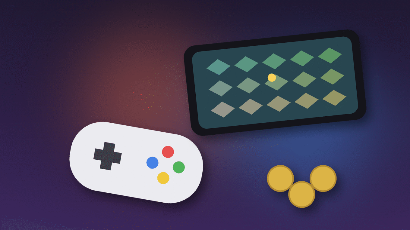 Promoções da Play Store: controle de videogame genérico, celular com quebra-cabeça abstrato e moedas sobre fundo roxo