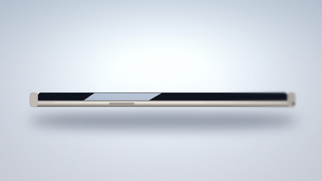 iPhone Air 2: perfil ultrafino de celular genérico com borda metálica clara sobre fundo azul-claro, sem logo