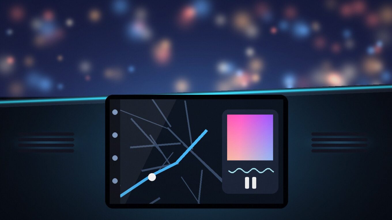 Android Auto: painel de carro à noite com central multimídia genérica mostrando mapa e player pausado, sem texto