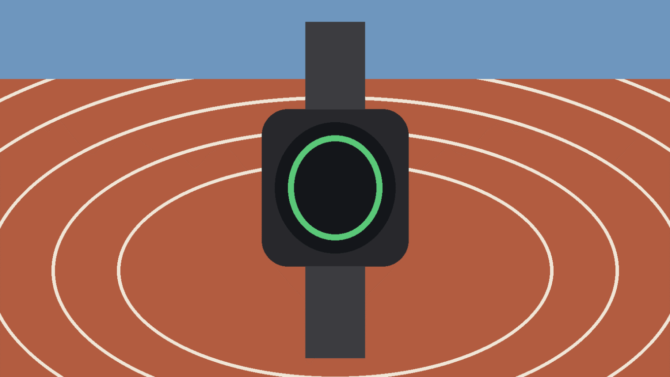 VO2 Max do Galaxy Watch Ultra 2: smartwatch genérico sobre pista de atletismo terracota com raias brancas