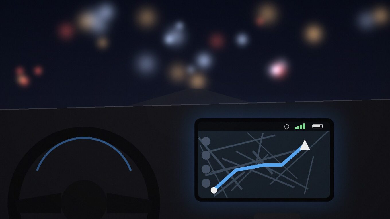 Ícone de sinal do Android Auto: painel de carro genérico à noite com central multimídia mostrando mapa e barras de sinal