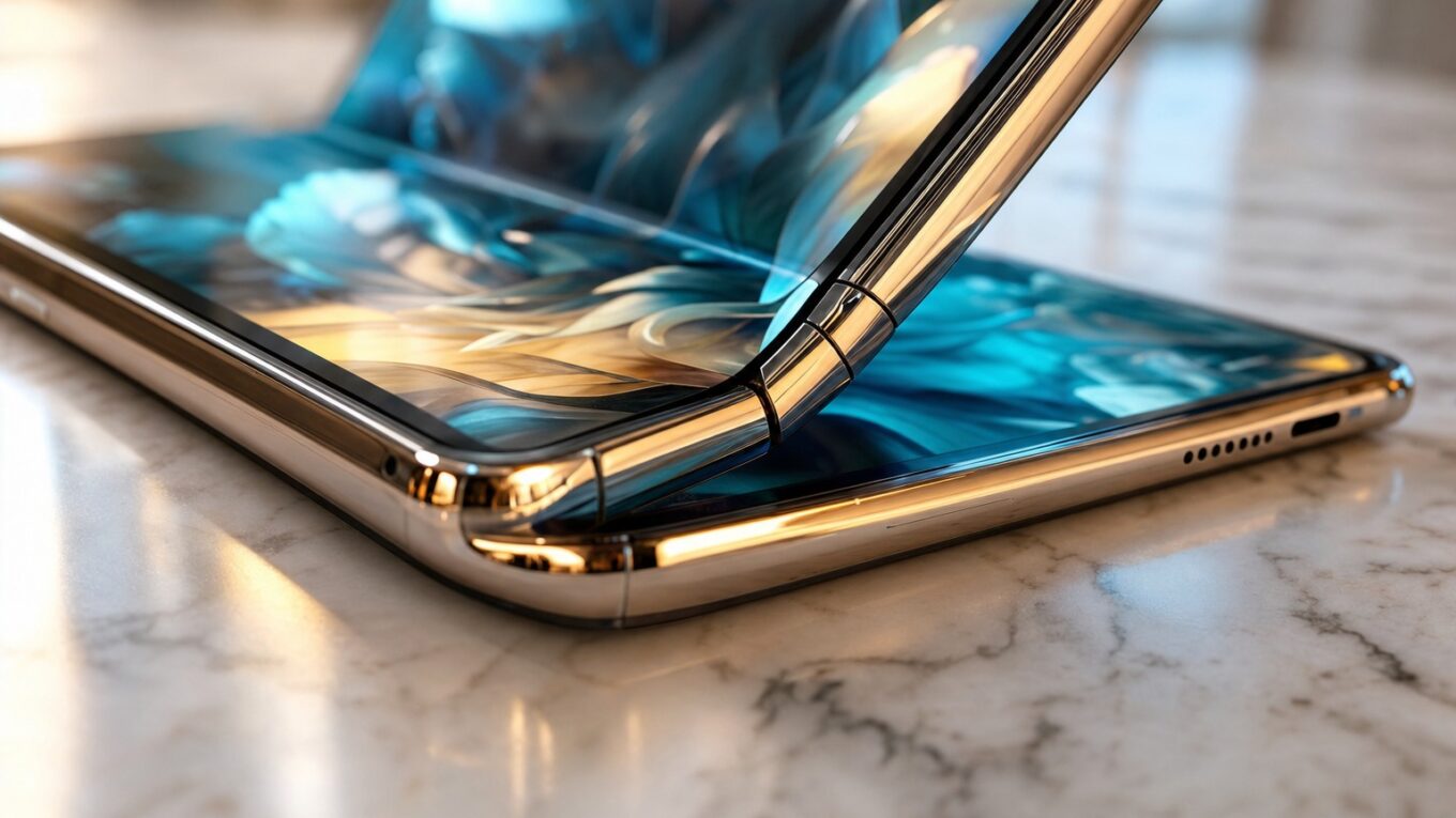 Z Fold 8: macro de dobradiça de smartphone foldable em mármore claro