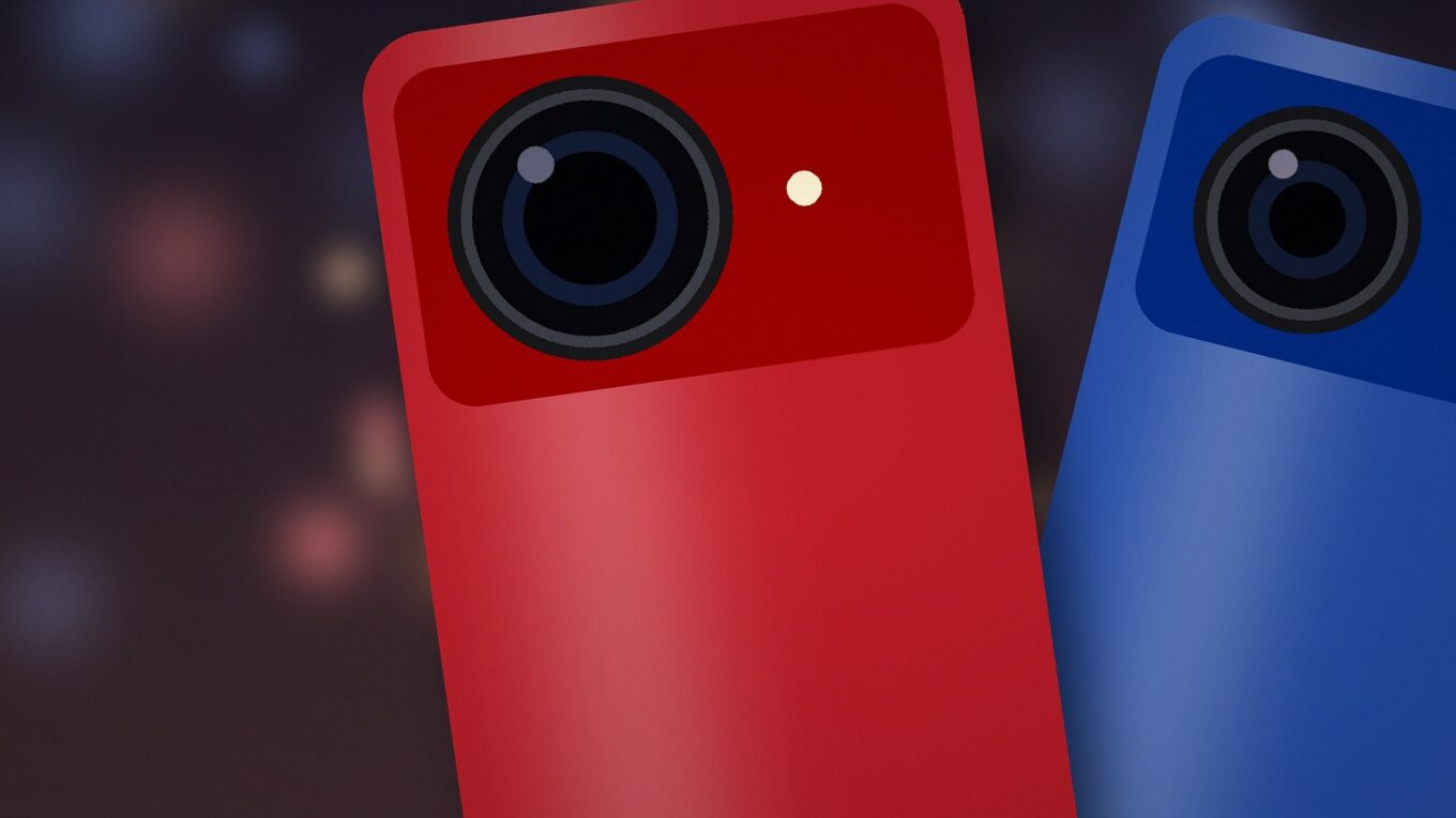 Tecno Spark 50s 5G: dois celulares genéricos, vermelho e azul, em close da câmera única sob luzes de rua