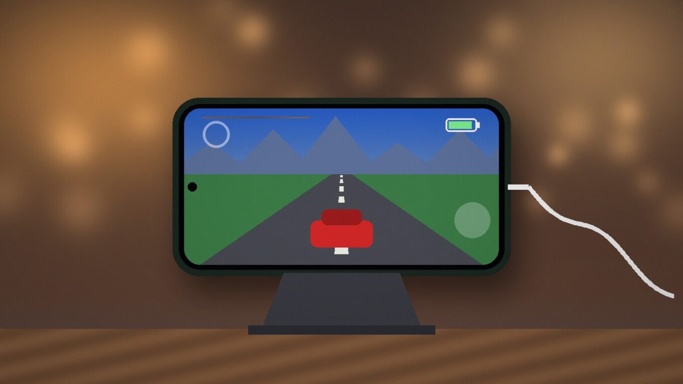 Lançamento do Redmi K100: celular genérico na horizontal em suporte de mesa, com jogo de corrida na tela e cabo de carga