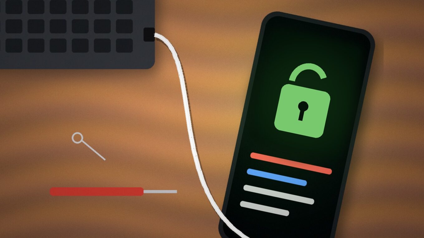 LineageOS no Pixel 10: celular genérico com cadeado aberto na tela, ligado por cabo USB a um notebook sobre bancada de madeira, sem logo